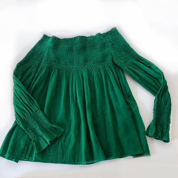 MAJE smocked off the shoulder green top Size 1 - Picture 1 of 10